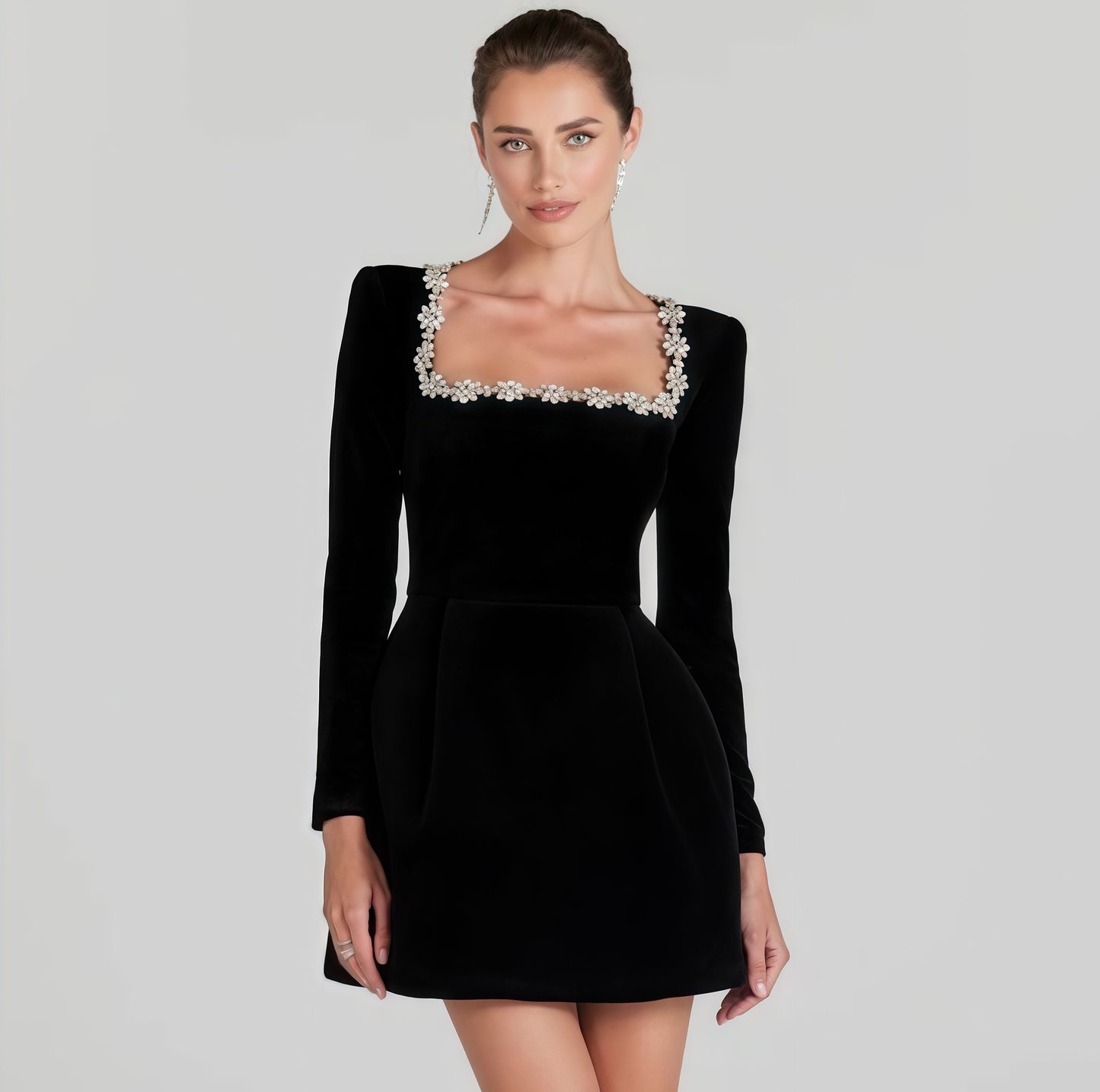 Women's Long Sleeve French Square Collar Rhinestone Dresses