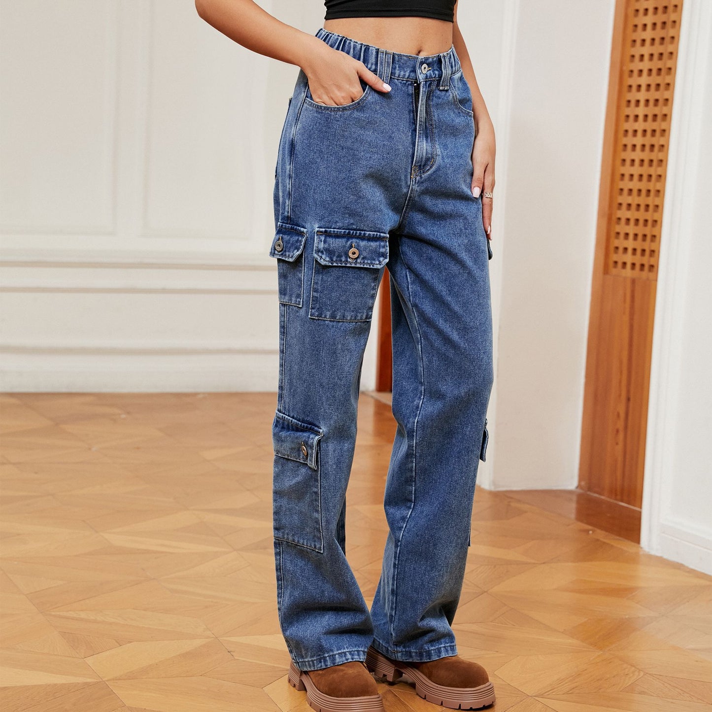 Women's American Hot Washed Half Elastic Design Jeans