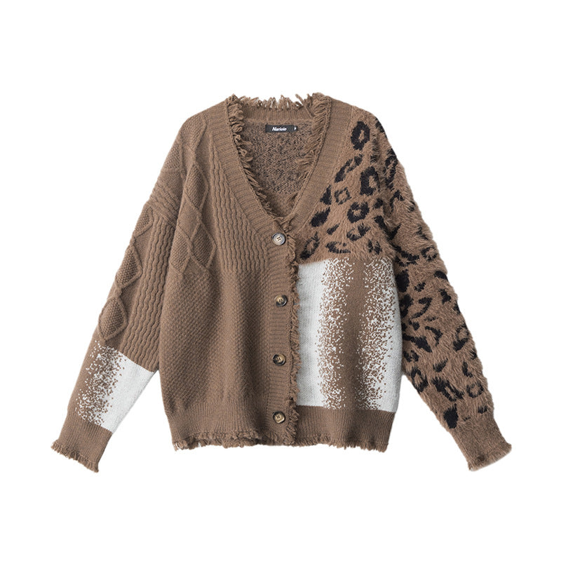 Women's American Leopard Fashionable Stitching Knitted Sweaters