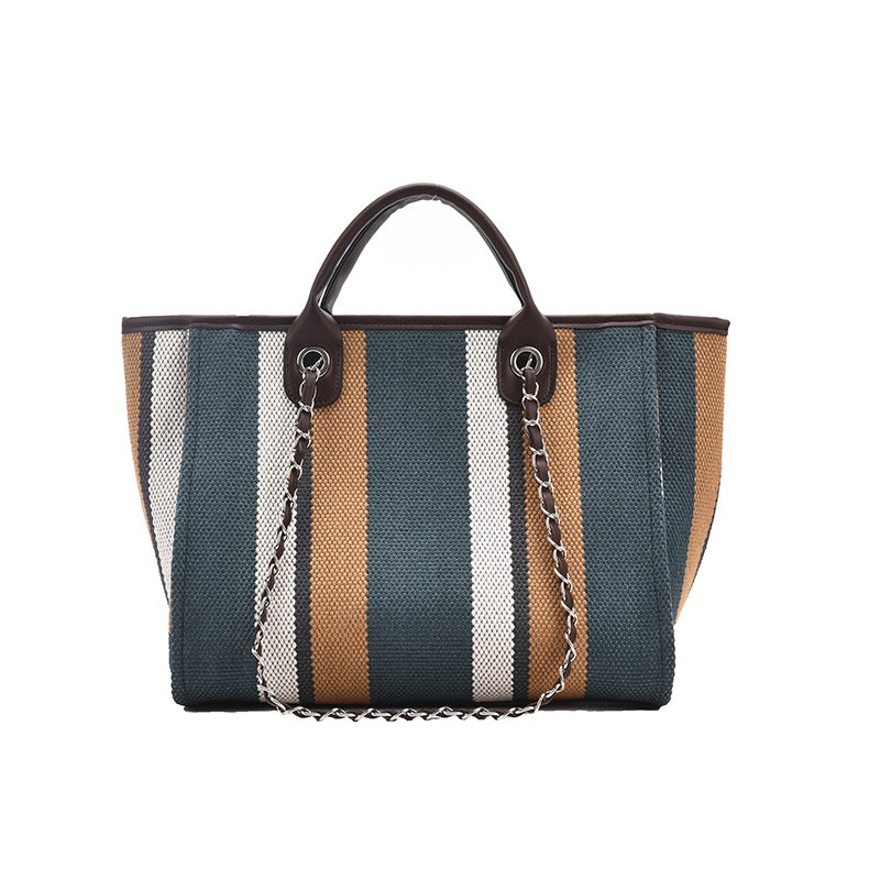 Women's Korean Style Large Capacity Striped Chain Shoulder Bags