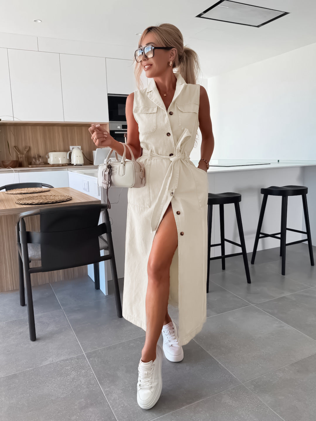 Sleeveless Long Tie Waist Single-breasted Denim Dresses