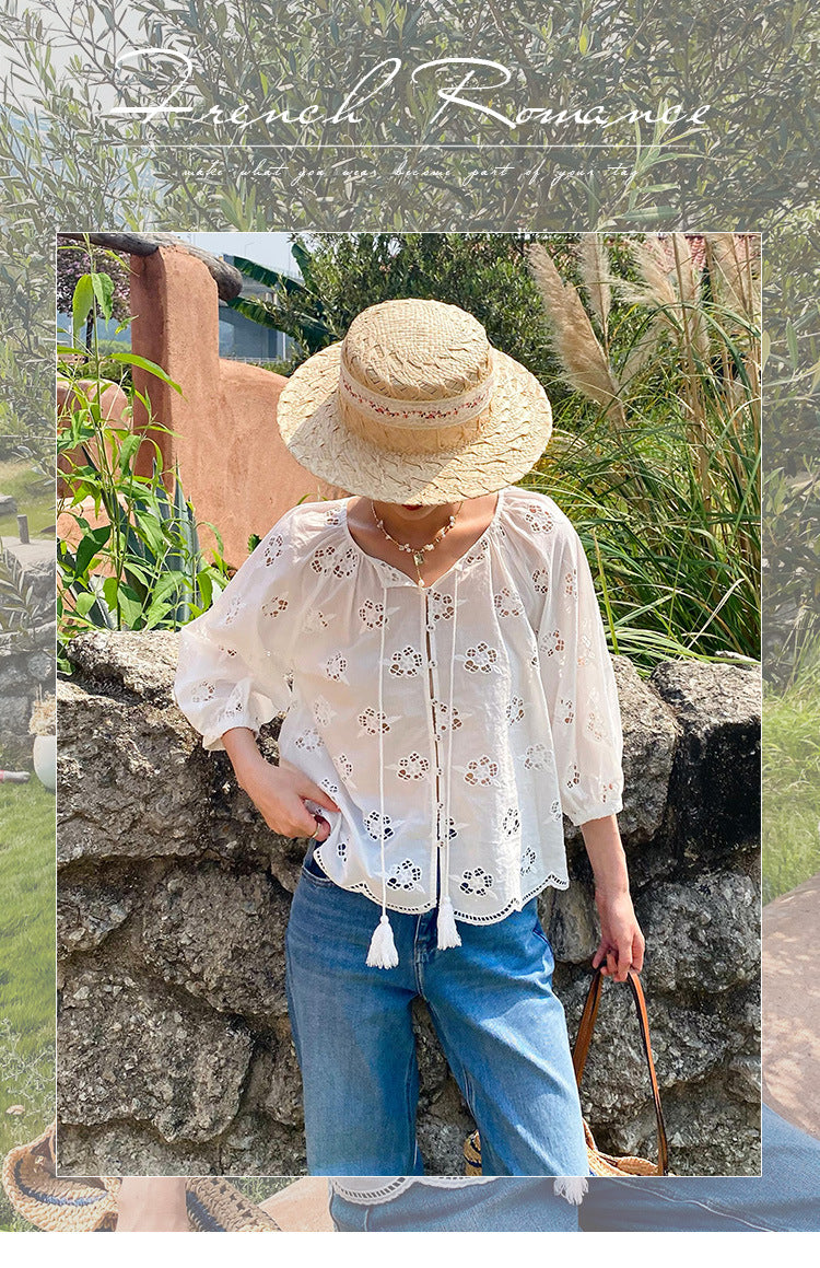Women's French Embroidery Hollow Out White Shirt Tops