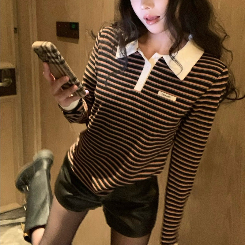 Women's Color Fashionable Art Stripes Brushed Thickened Blouses