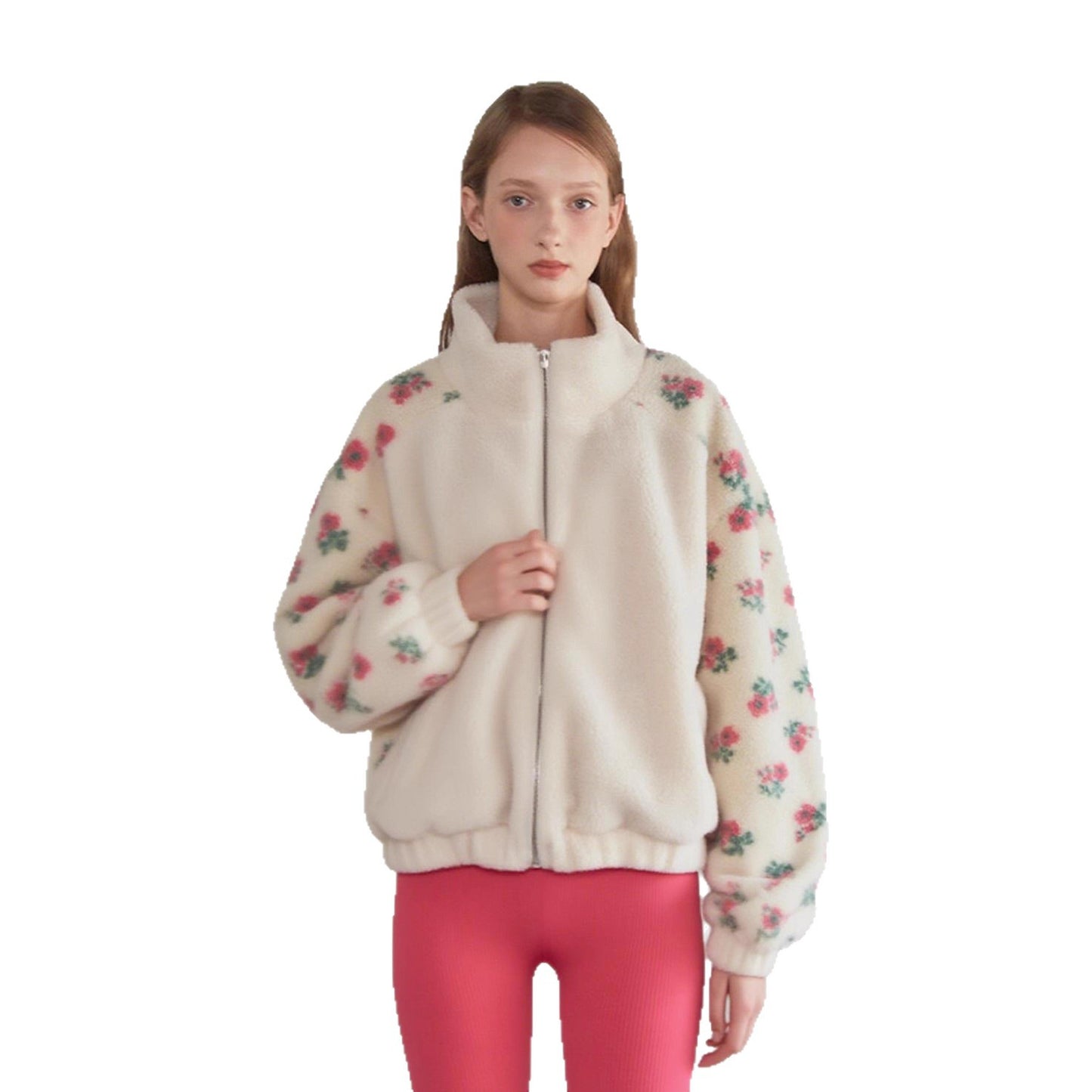 Women's Fashion Loose Polar Fleece Floral Stitching Coats