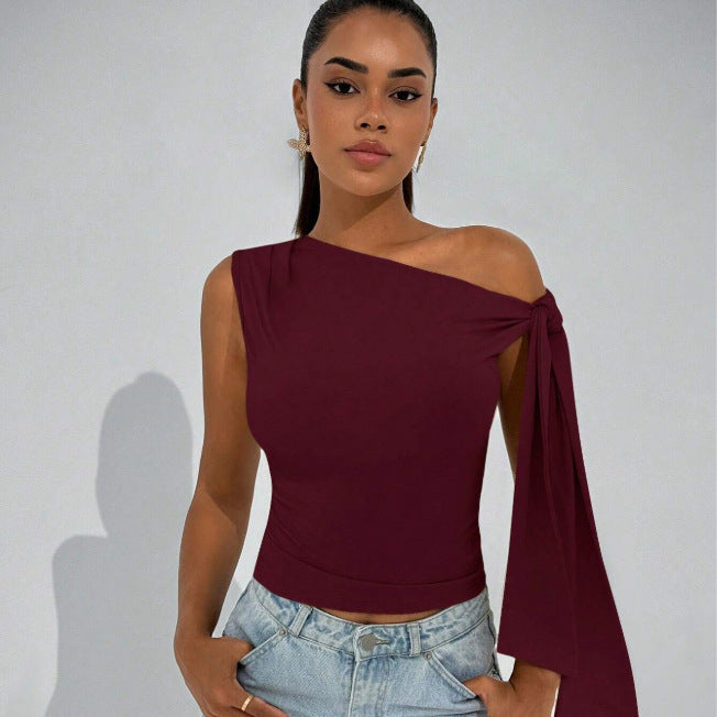 Women's Summer Fashion Street Shooting Ribbon Knot Oblique Tie Solid Color Women's T-shirt