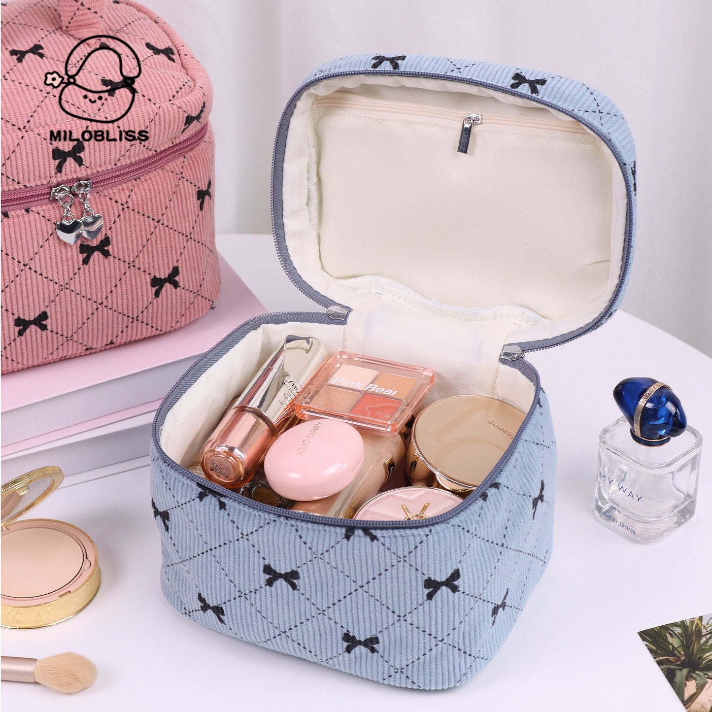 Corduroy Bow Large Capacity Multifunctional Portable Cosmetic Bags