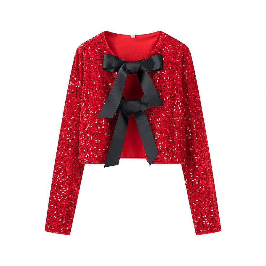 Women's Attractive Two-color Bow Sequined Fashion Blouses