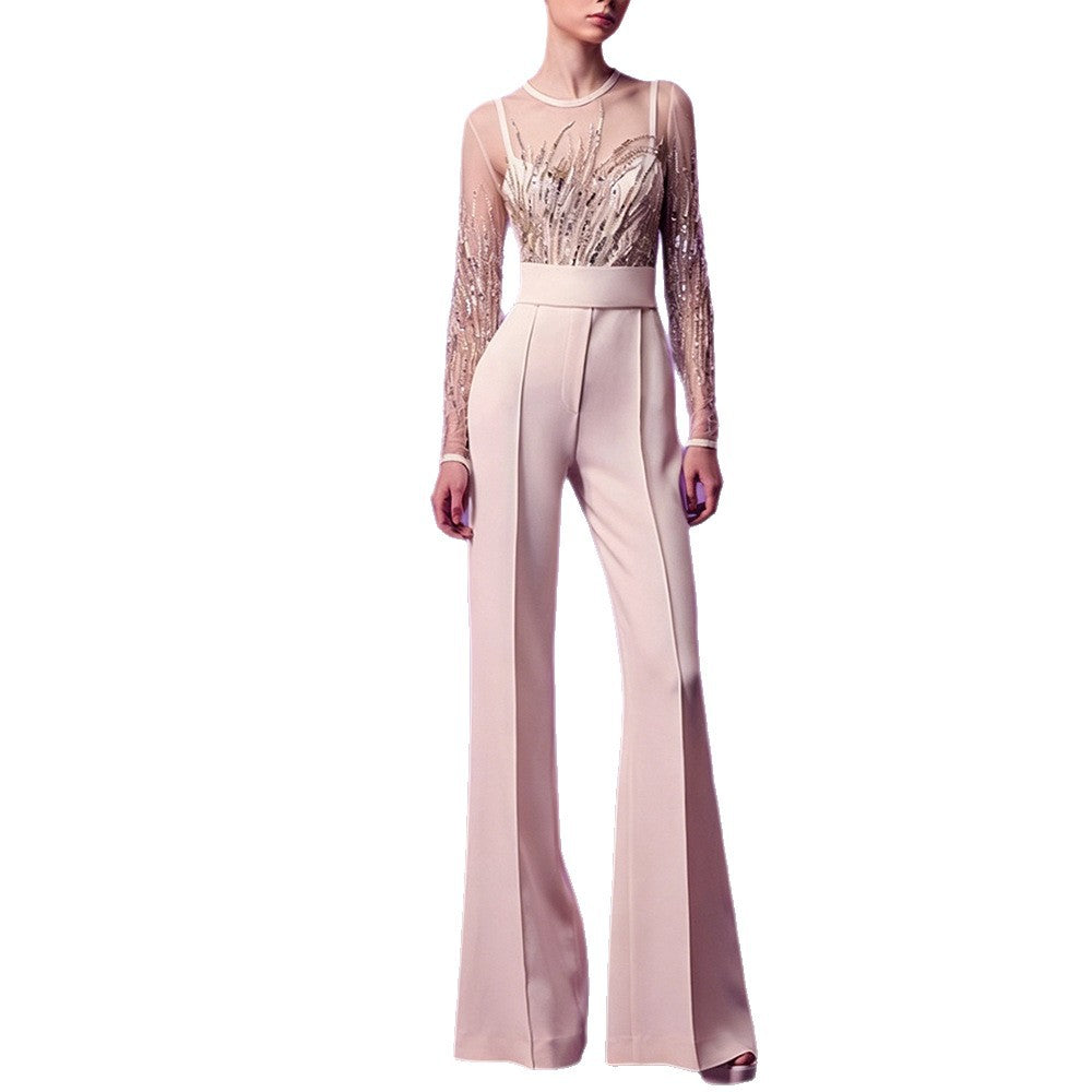 Attractive Fashion Mesh Patchwork Sequin Bead Women's Jumpsuit/clothing