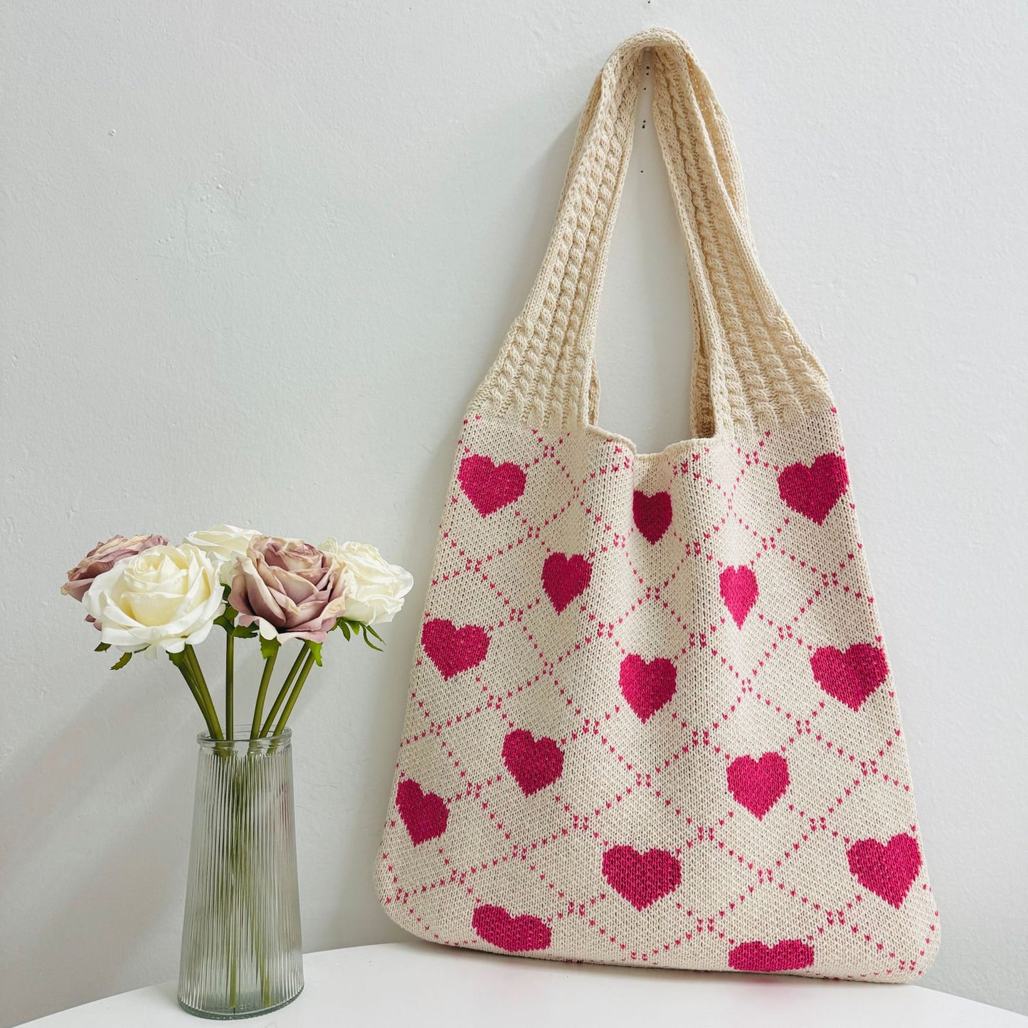 Women's Shopping Knitted Love Pattern Woven Shoulder Bags