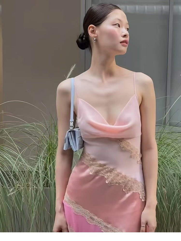 Stitching Pink Slim Fit Slimming Spaghetti Dresses