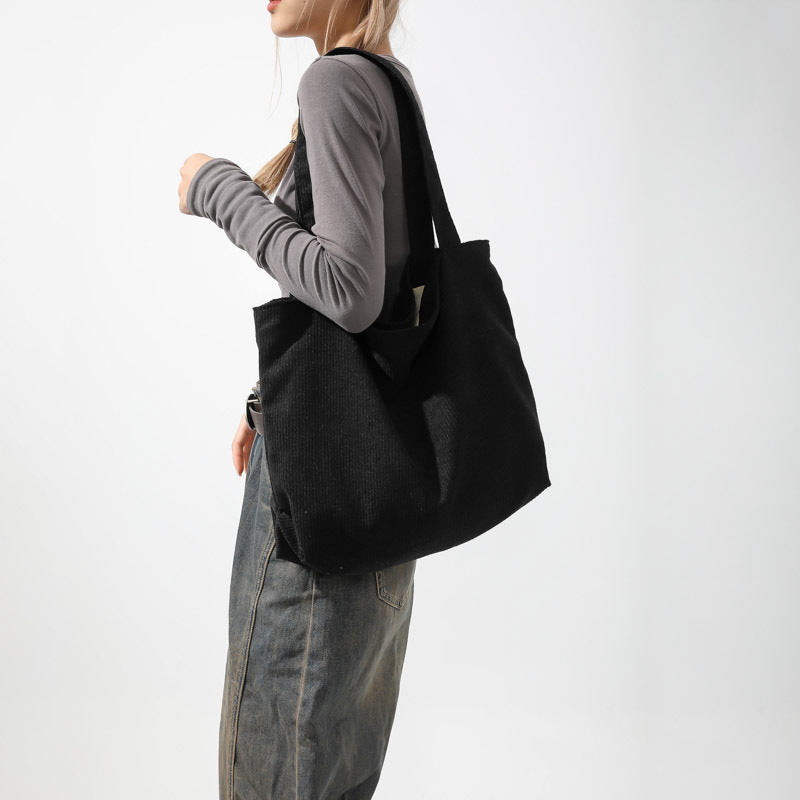 Korean Style Large Capacity Shopping Leisure Artistic Canvas Corduroy Shoulder Bags