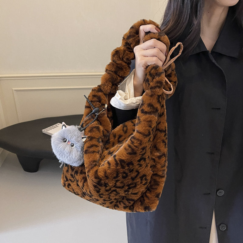 Women's Leopard Print Fur Trendy Underarm Commuting Crossbody Bags