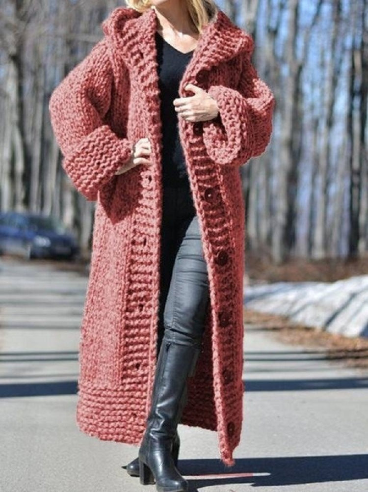 Women's Winter Hooded Single-breasted Solid Color Knitted Sweaters