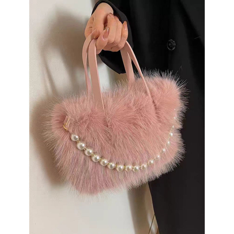 Women's Furry Fashion Pearl Plush Cute Commuter Crossbody Bags