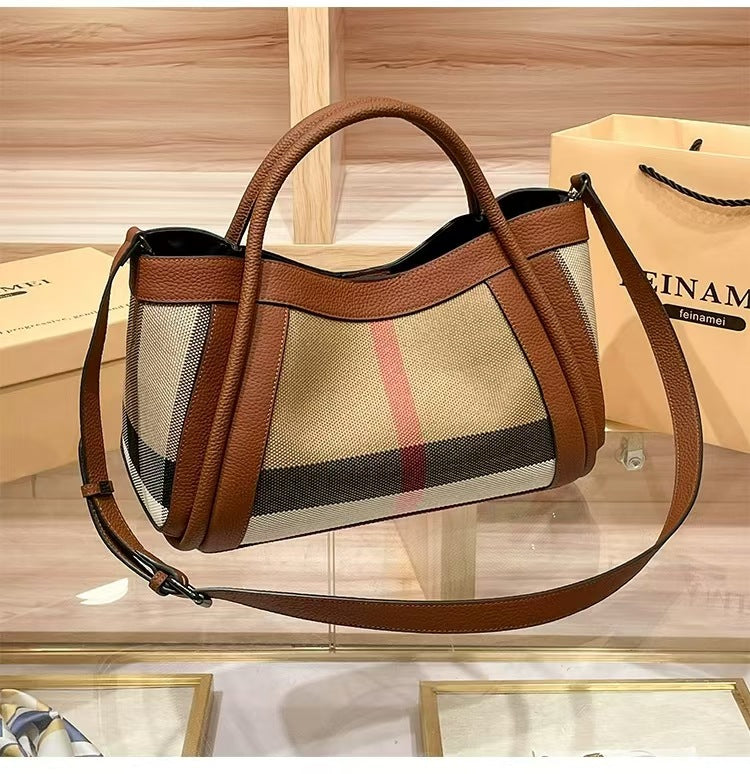 Stylish Genuine Leather Plaid Canvas Vegetable Handbags
