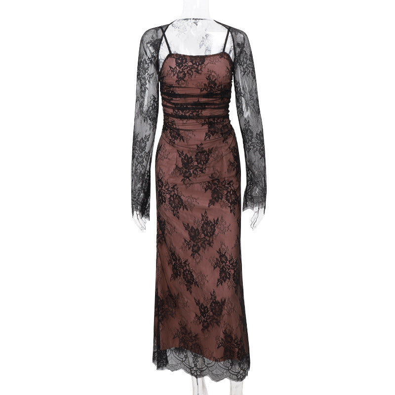 Women's Sexy Lace Mesh Long-sleeved Waistcoat Strap Dresses
