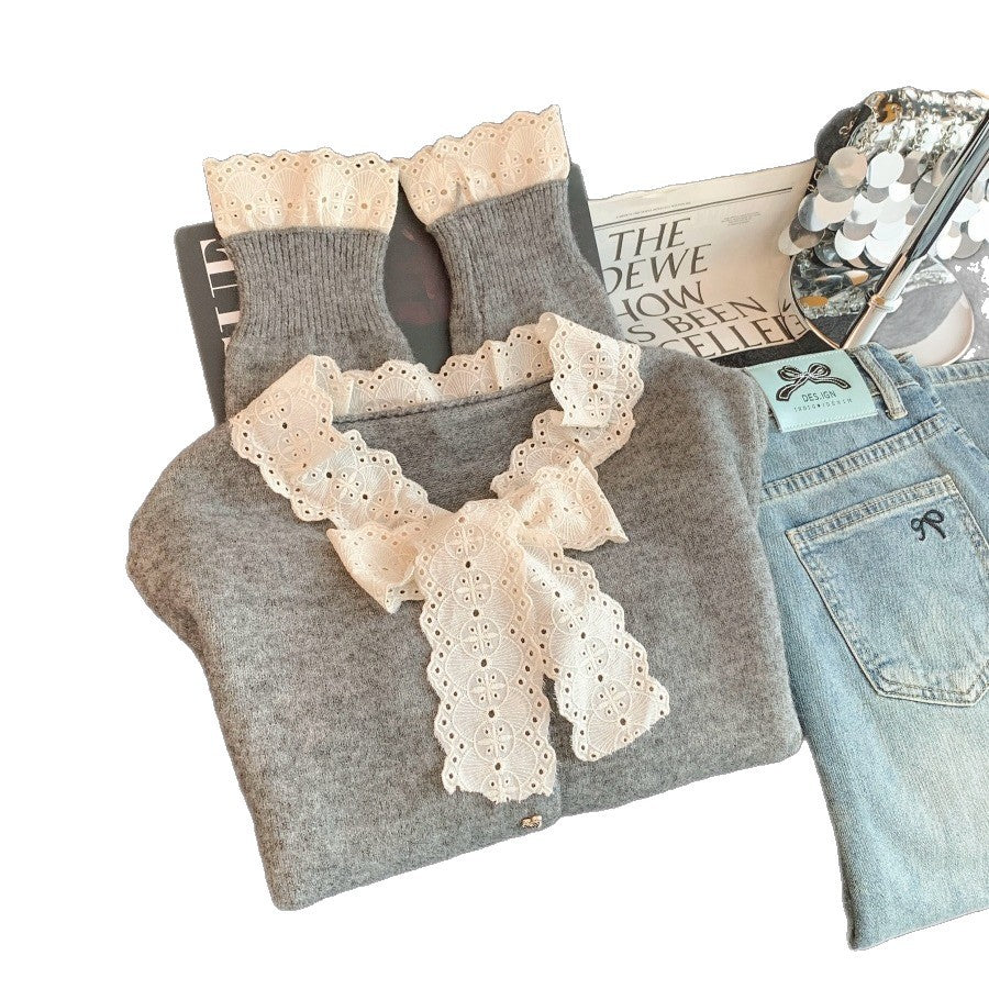 Korean Style Lace Bow Single-breasted Soft Glutinous Sweaters