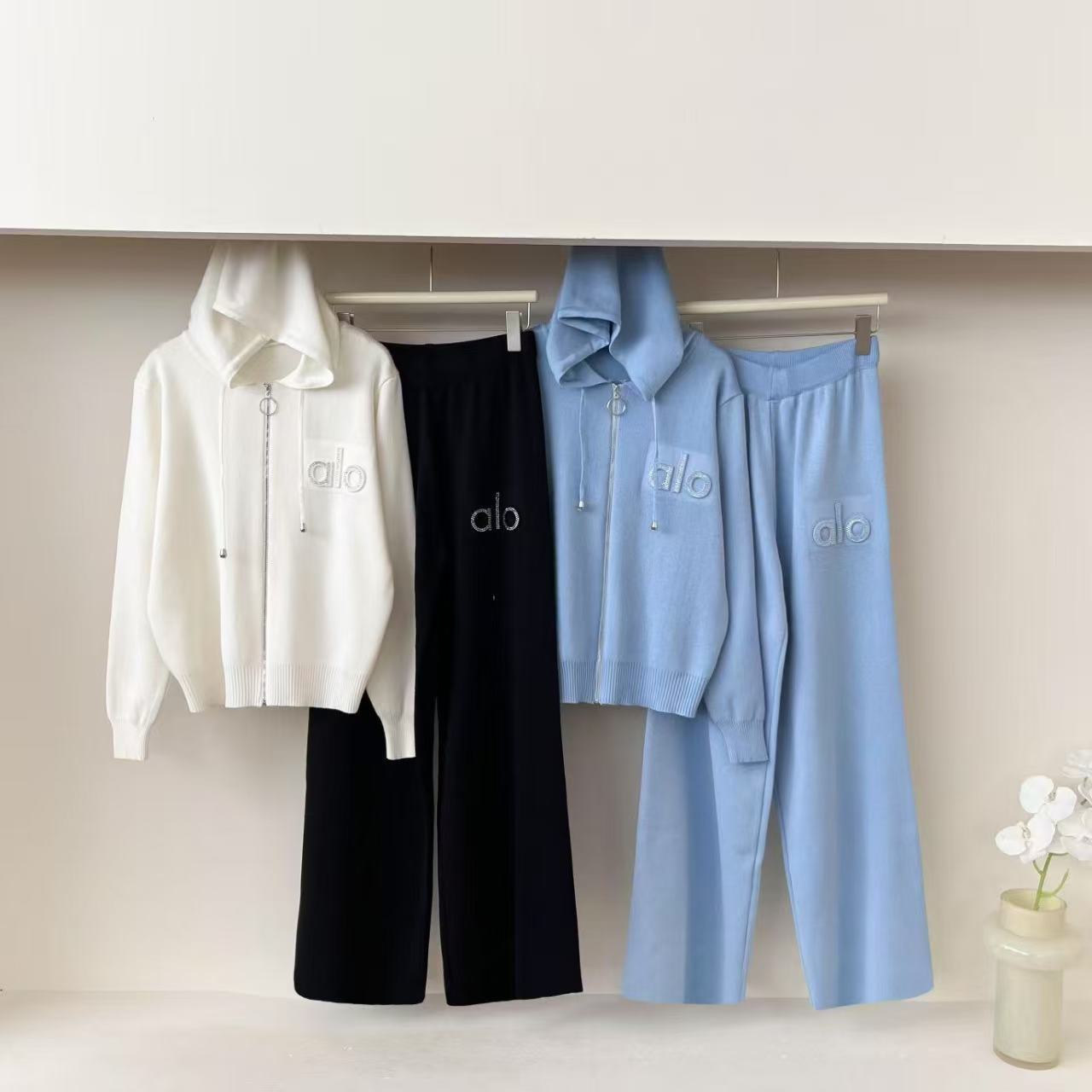 Women's Hooded Zipper Loose Knitted Two-piece Suits