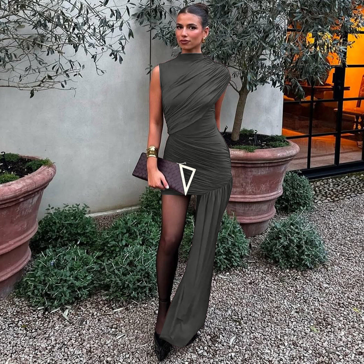 Round Neck Stitching Ruffle Irregular Elegant Dresses