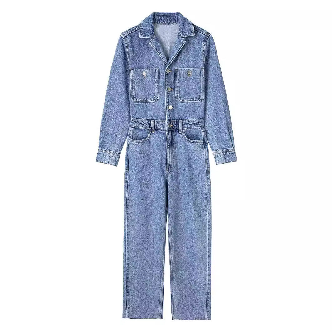 Women's Collar Pocket Decorative Waist Denim Trousers Pants