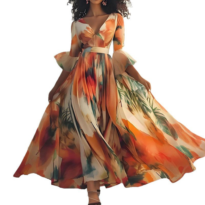 Women's Fashion Printed Vacation Style Large Swing Dresses