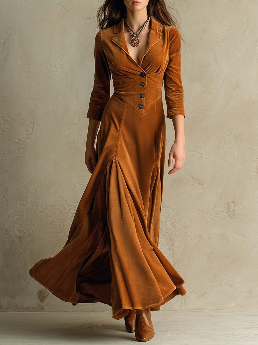 Women's Buttons Lapel Sleeve Maxi Dress Waist Dresses