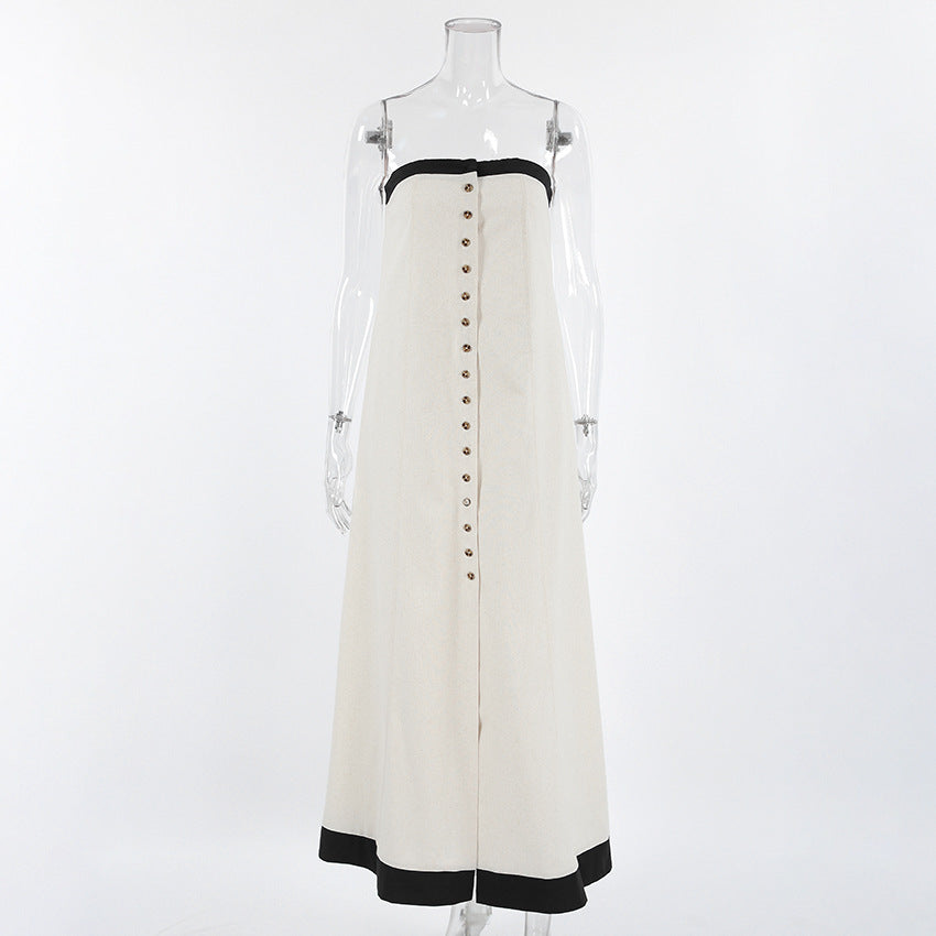 Women's Stitching Contrast Color Suspender Dress Cotton Dresses