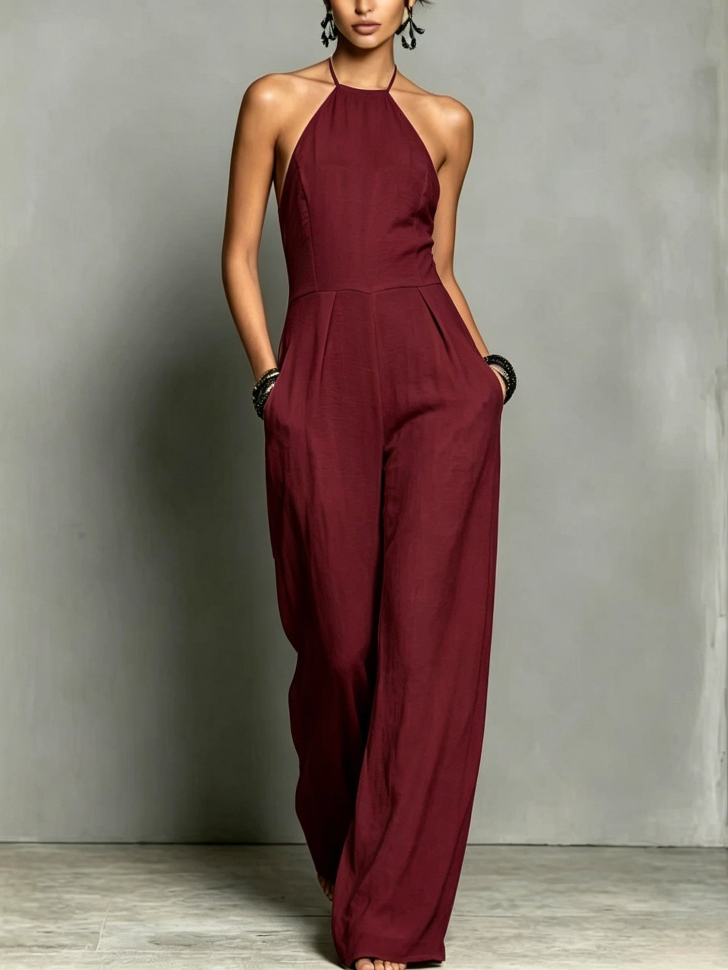 Women's Vacation Style Pleated Halter Backless Wide Women's Jumpsuit/clothing