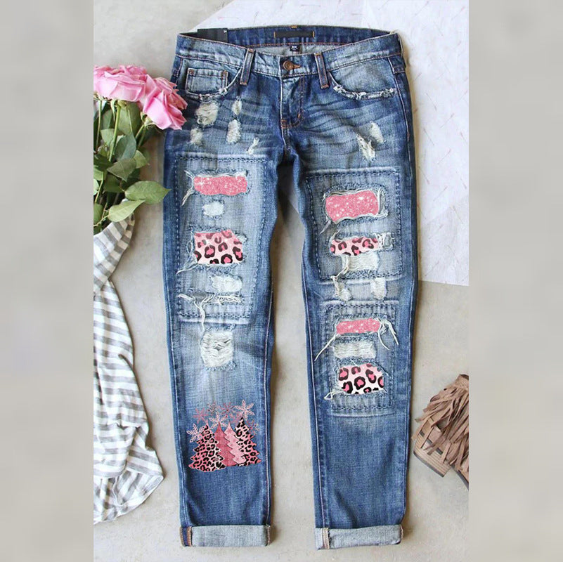 Women's Beautiful Winter Christmas Printed Ripped Jeans