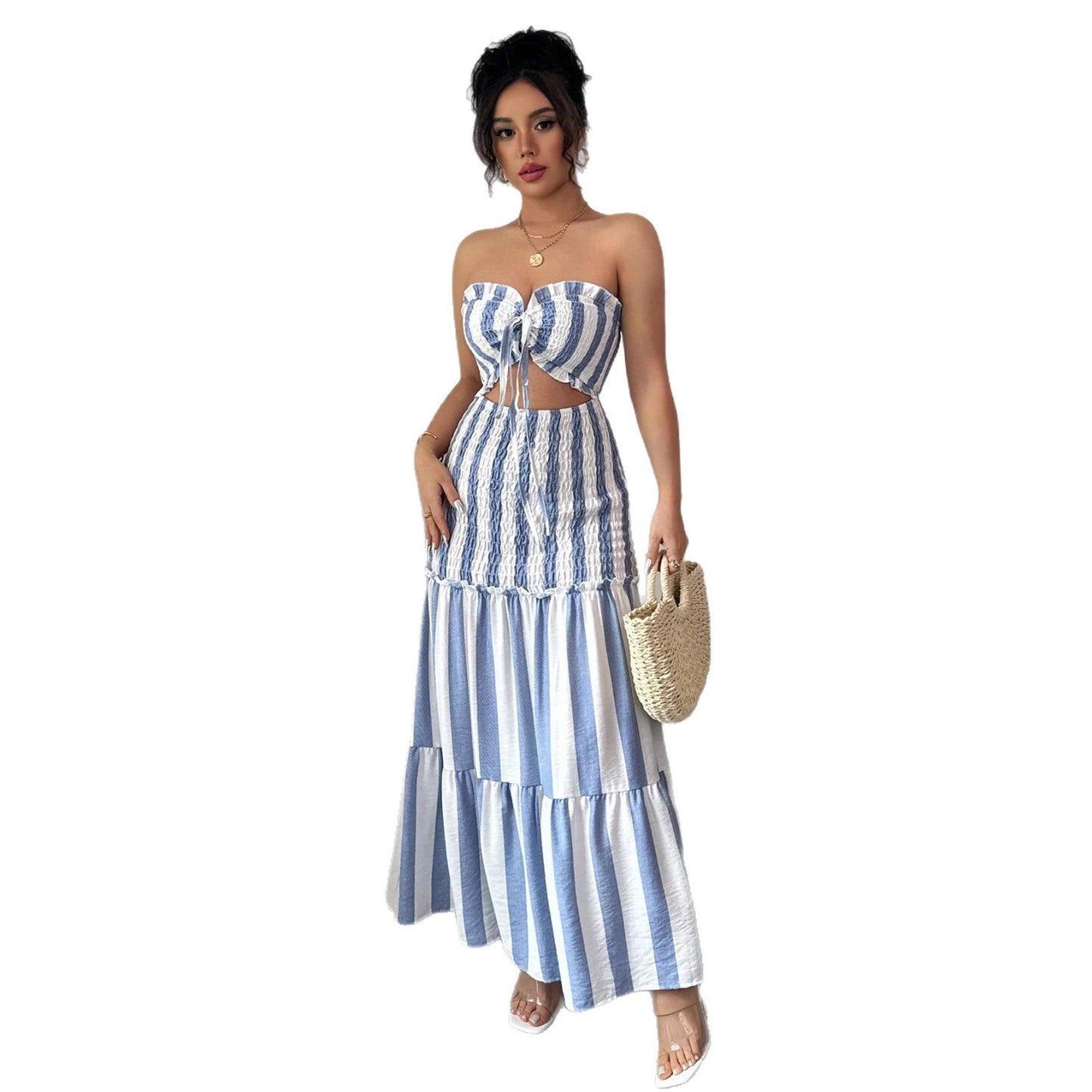 Women's Fashion Wear Striped Slim Fit Long Dress