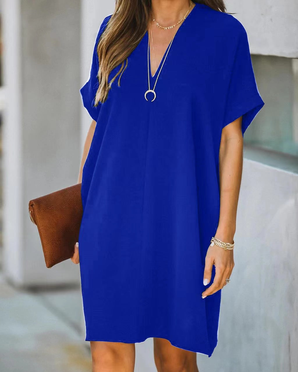 Solid Color Short-sleeved Stitching Seersucker High Waist Dress