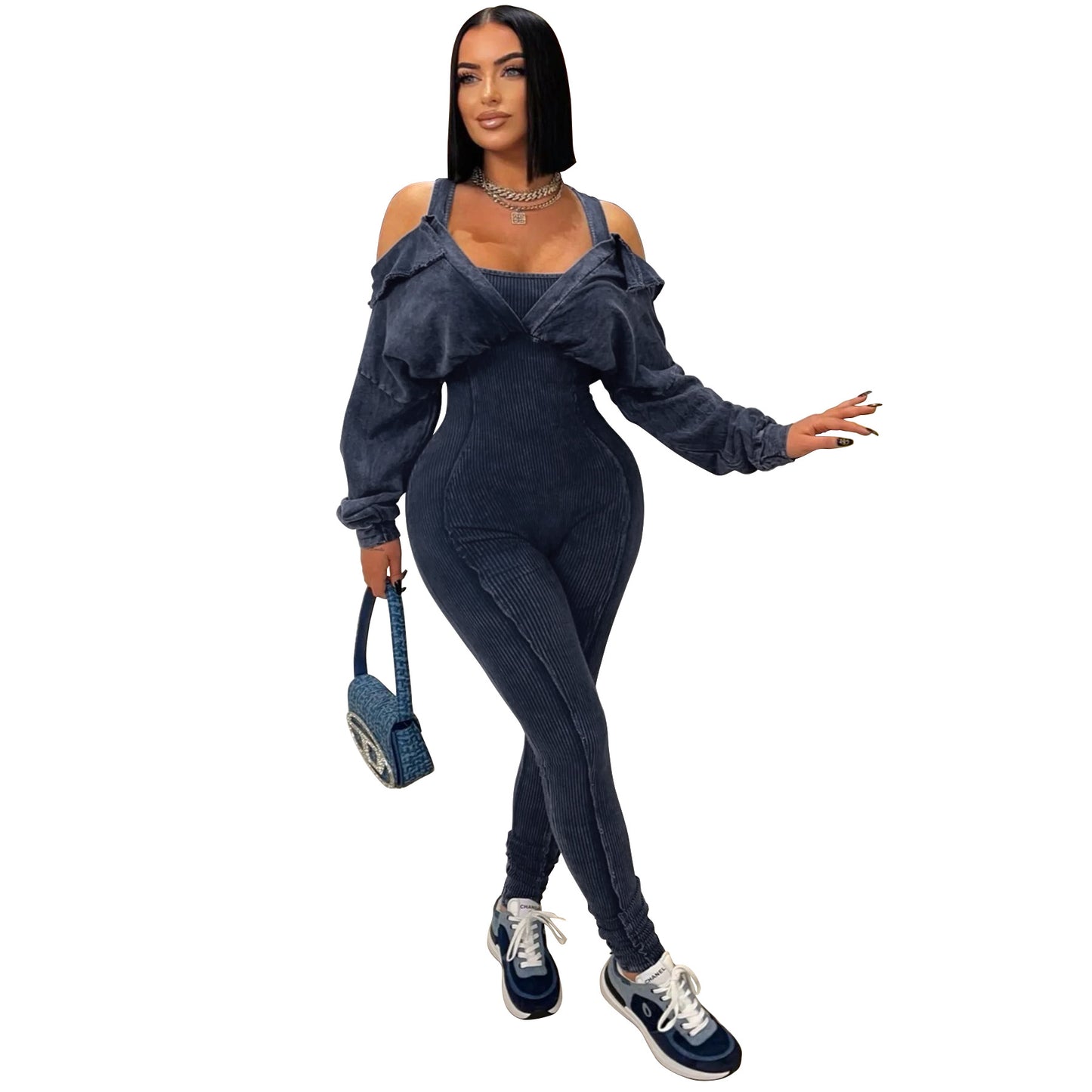 Women's Fashion Wear Washed Old Sexy Cold-shoulder Jumpsuits