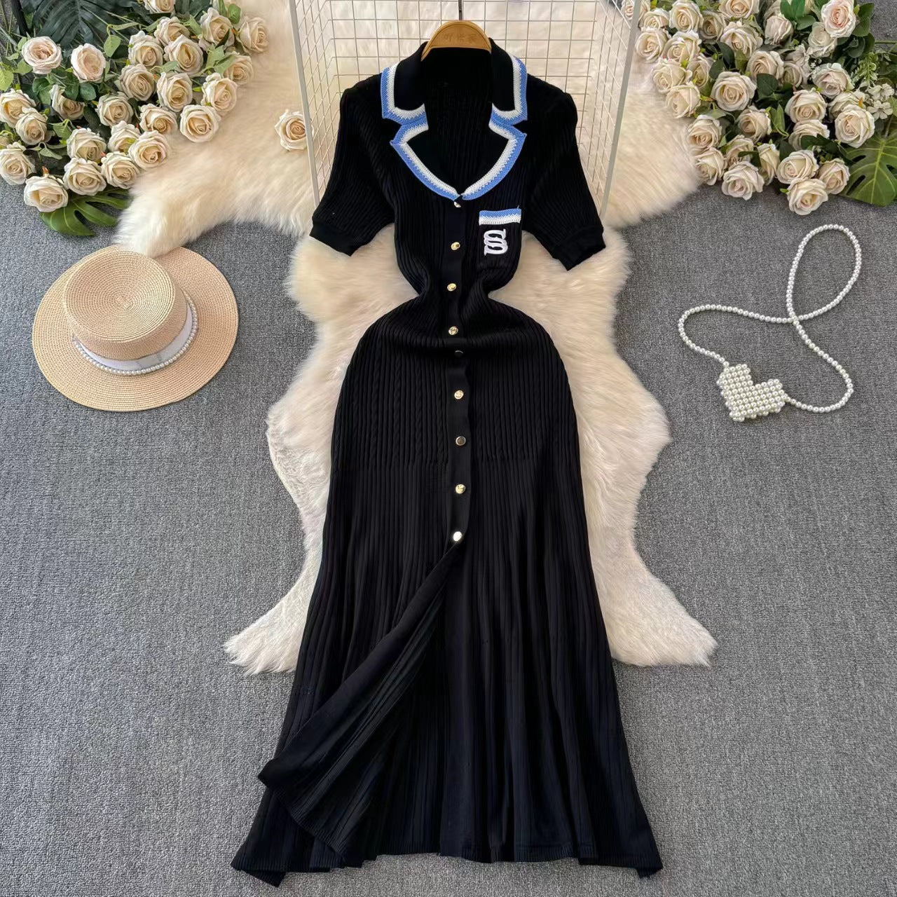 Women's French Robe Collar Embroidered Long Dress Dresses