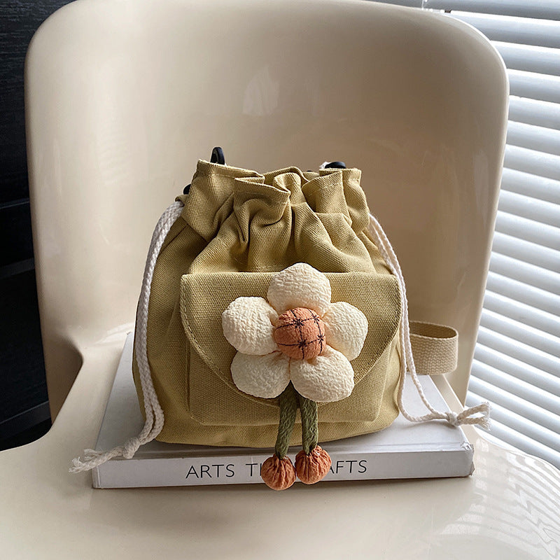Women's Canvas Western Style Flower Drawstring Korean Shoulder Bags