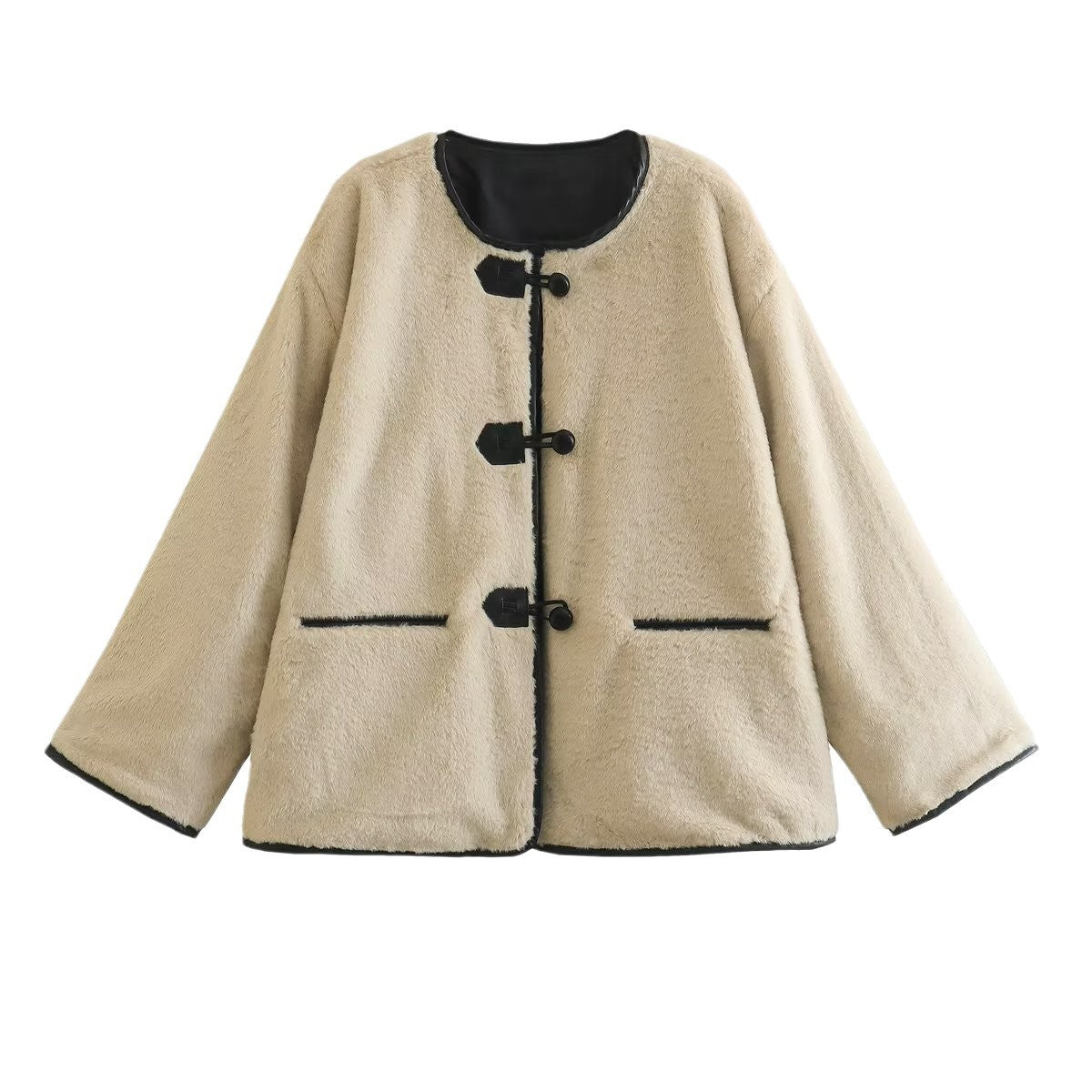 Women's Buckle Decorative Round Neck Faux Fur Jackets