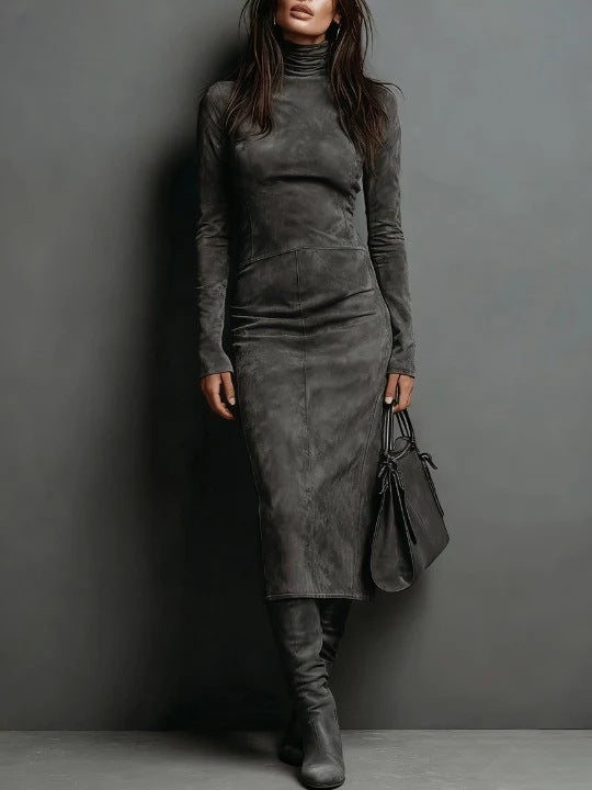Autumn Retro Turtleneck Long Dress Solid Dresses
