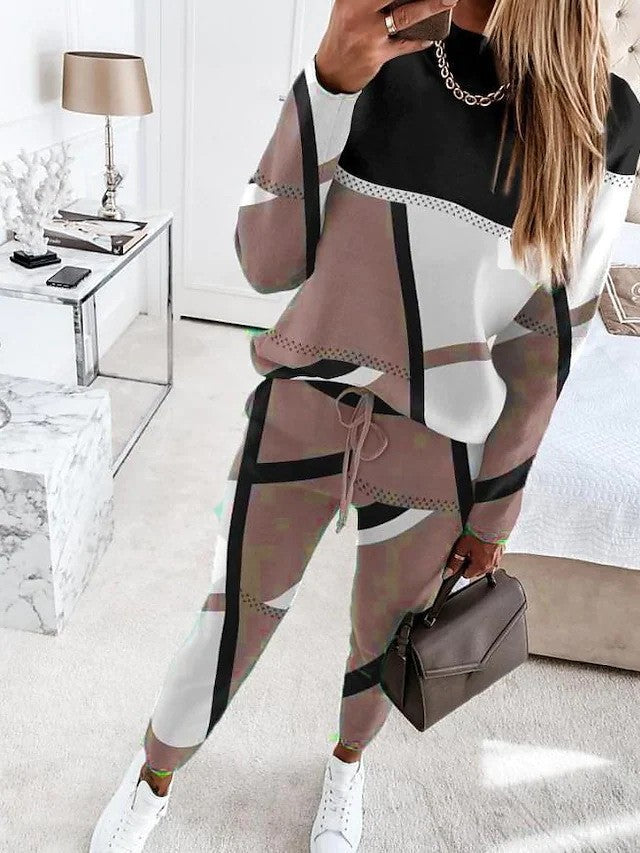 Women's Two-piece Printing Color Contrast Long Sleeve Suits