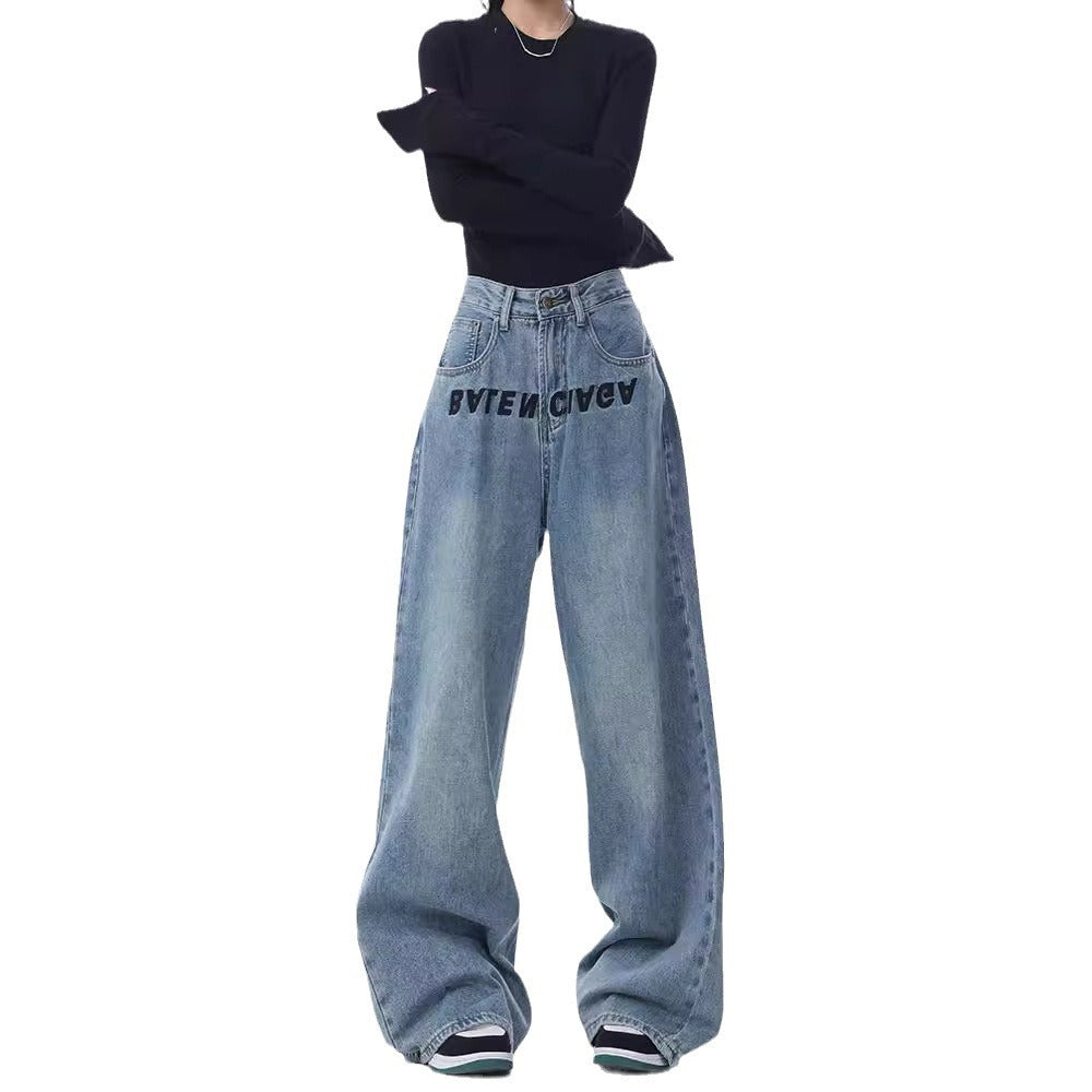 Women's Blue Embroidered Design Loose Mopping Floor Jeans