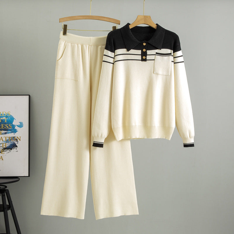 Striped Loose Wide Leg Knitted Two-piece Fashion Casual Suit