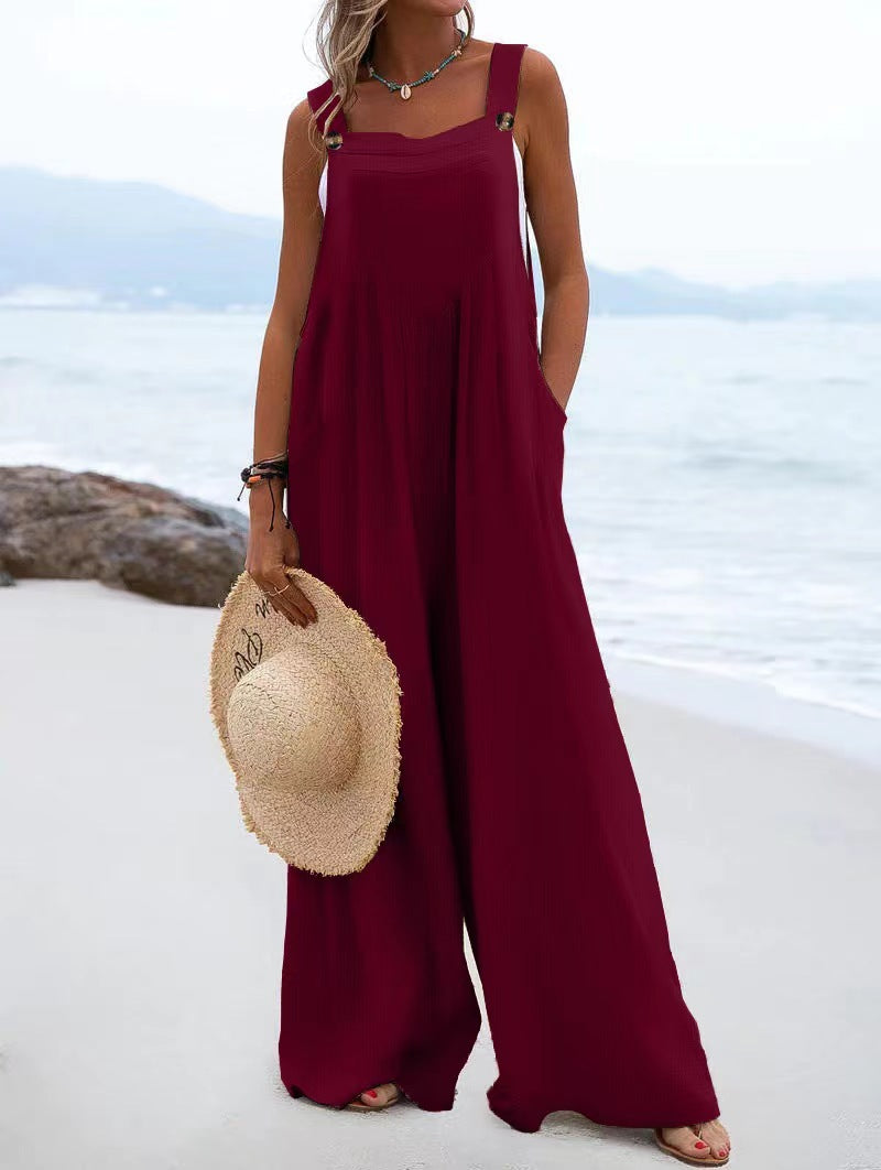 Women's Style Fashion Button Solid Color Wide Jumpsuits