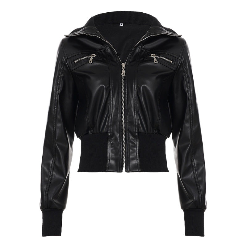 Women's American Style Retro Dark Leather Pocket Stitching Easy Jackets