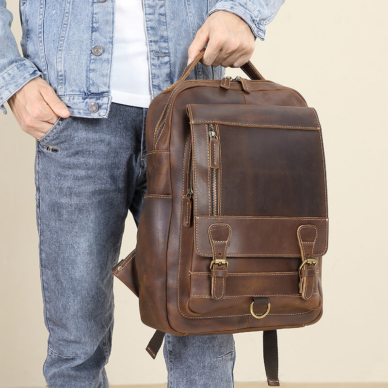Men's Retro First Layer Cowhide Leather Computer Backpacks