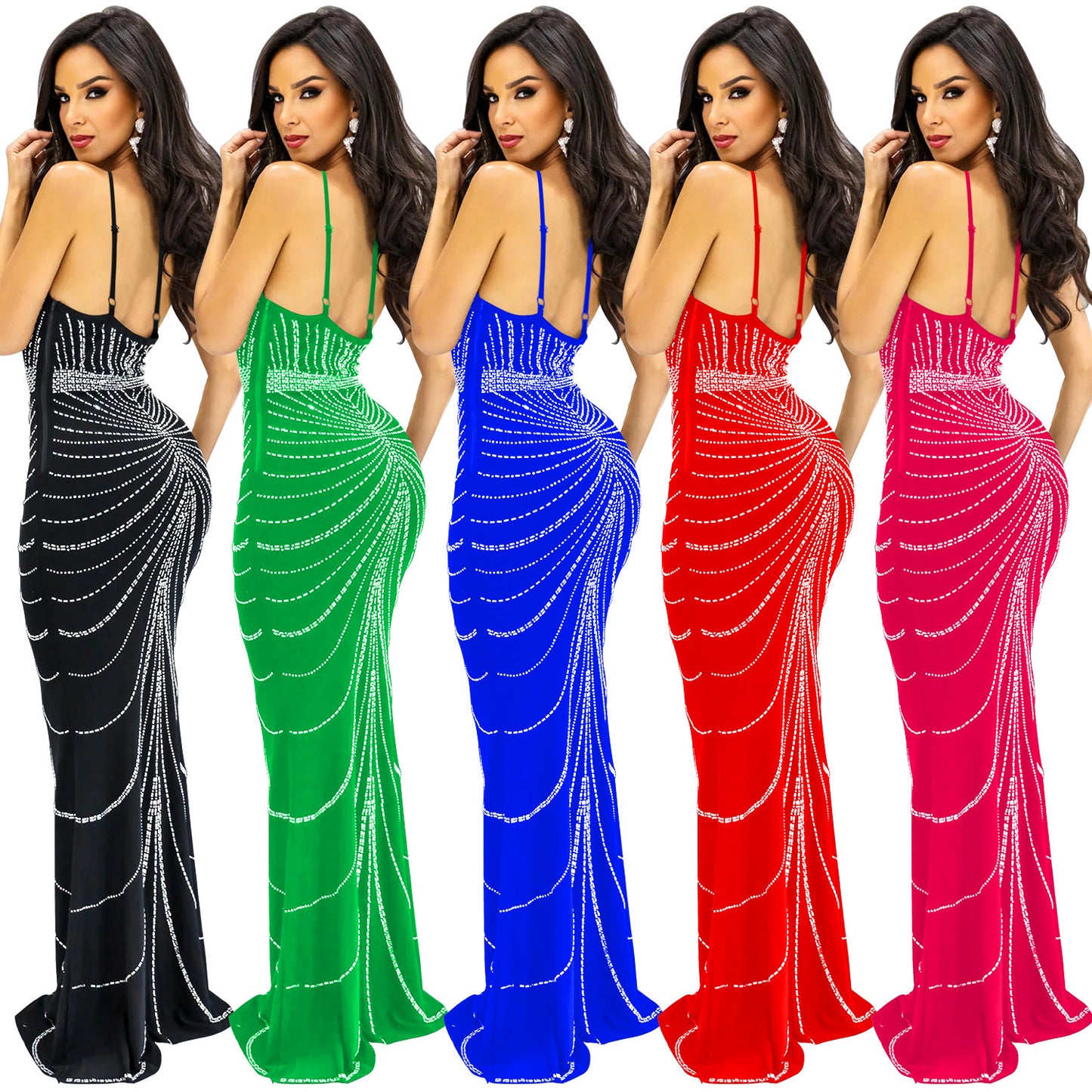 Women's Spaghetti Straps Sleeveless Hot Drilling Backless Dresses