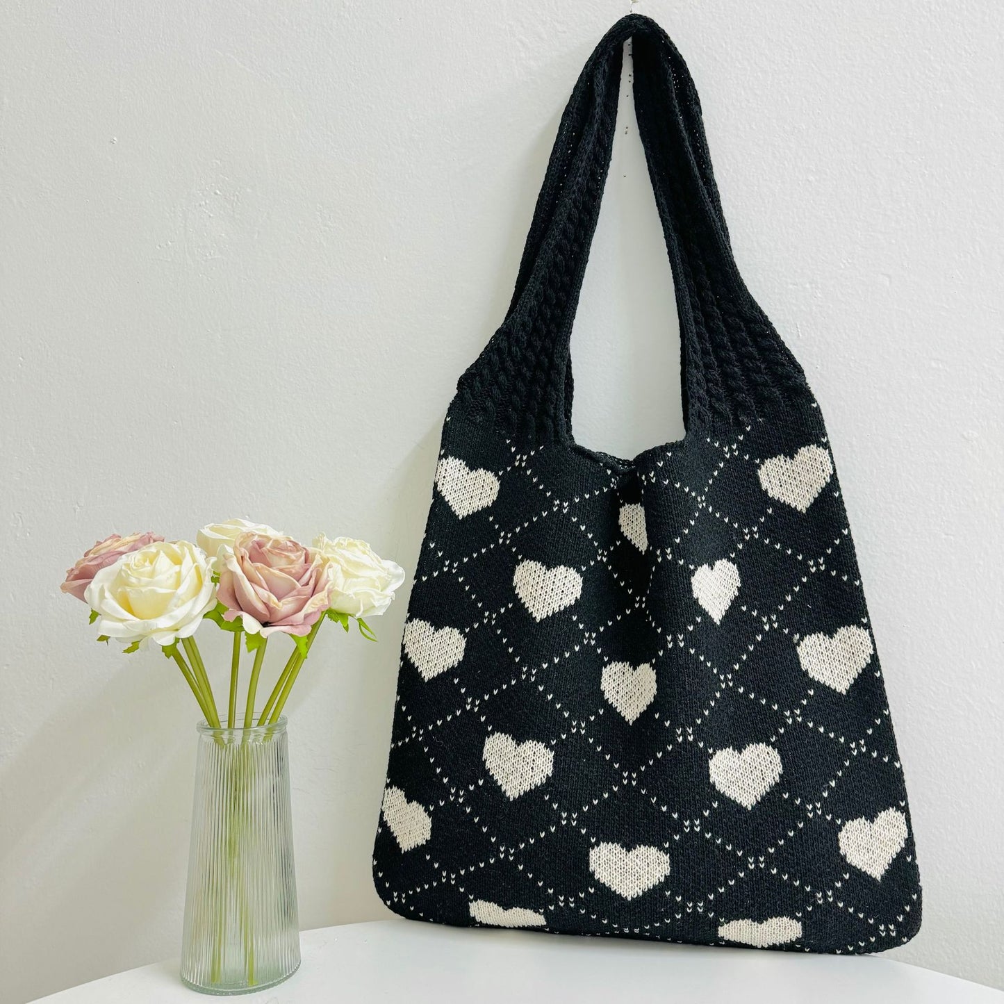 Women's Shopping Knitted Love Pattern Woven Shoulder Bags
