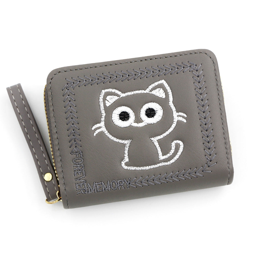 Women's Embroidered Kitty Short Multiple Slots Zipper Ladies Wallets