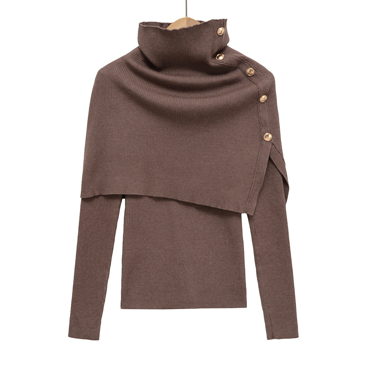 Women's Button Decoration Turtleneck Shawl Long Sleeve Knitwear