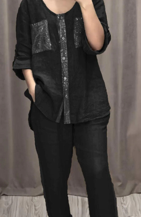 Women's Casual Set Pocket Placket Gilding Ladies Suits