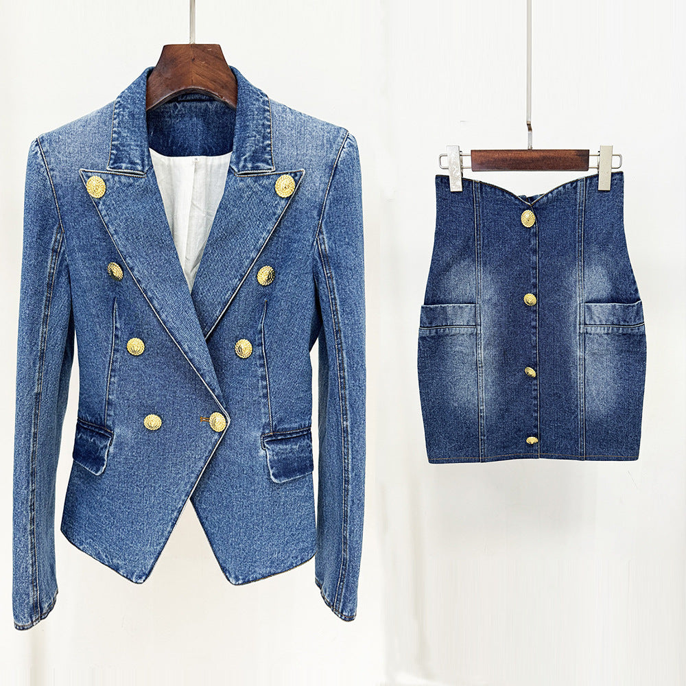 Durable Elegant Slim Double-breasted Washed Denim Small Suit