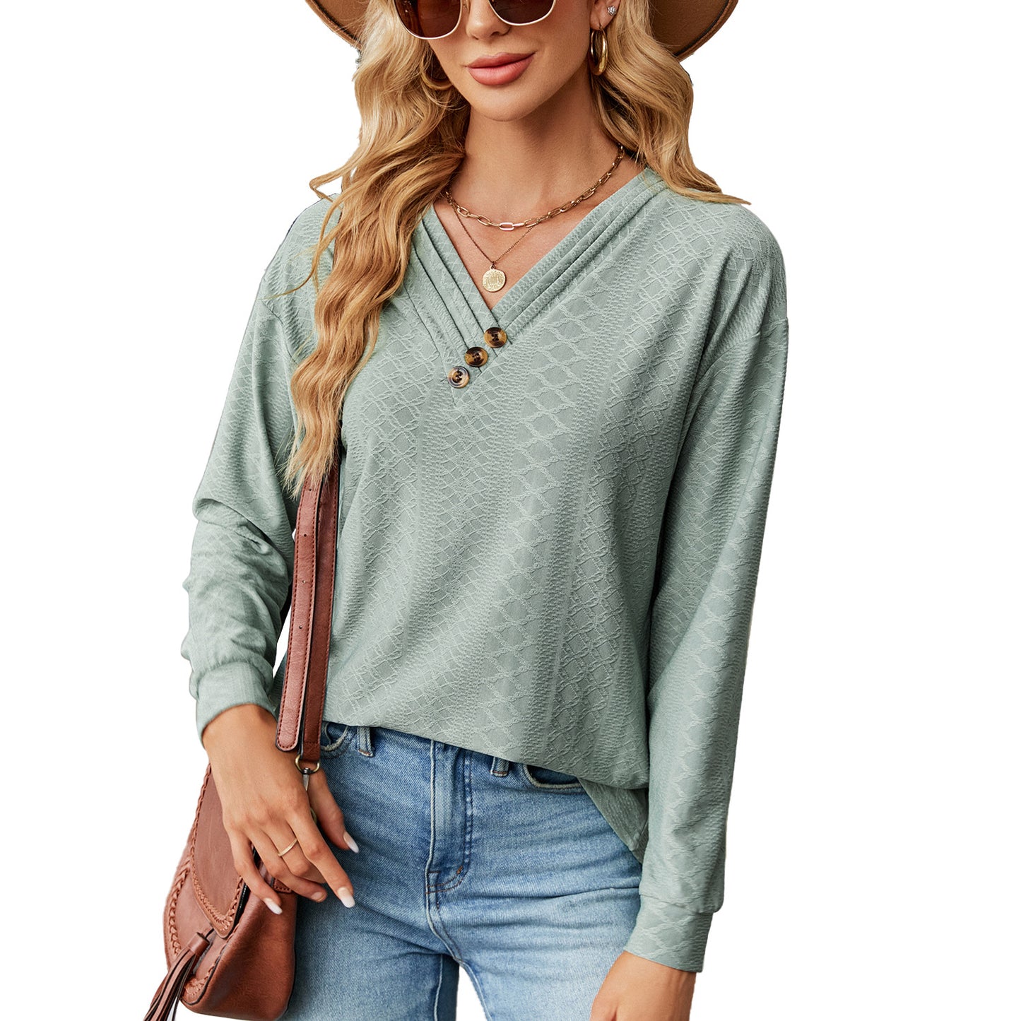 Women's Solid Color Button Loose Long-sleeved Clothing