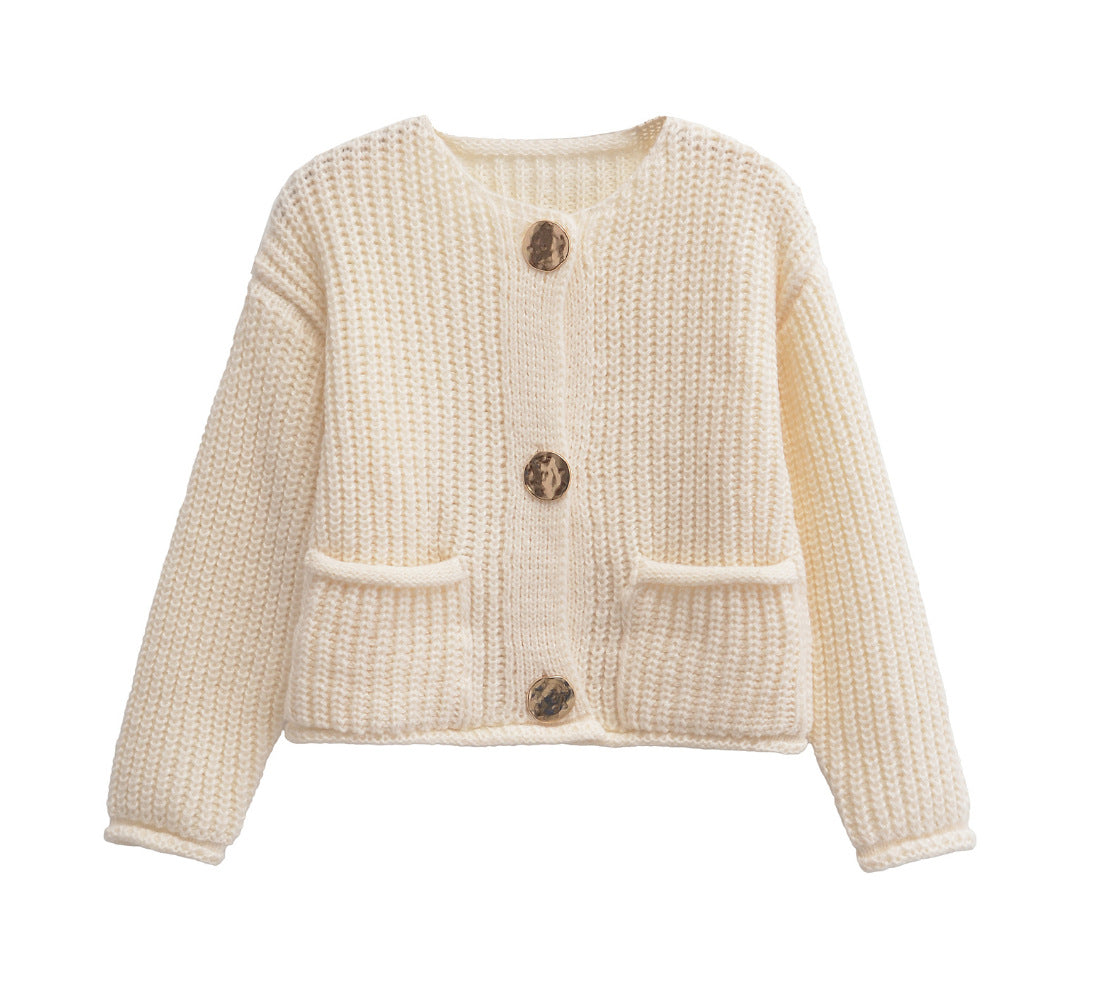 Women's Solid Color Single-breasted Double Pocket Thick Sweaters
